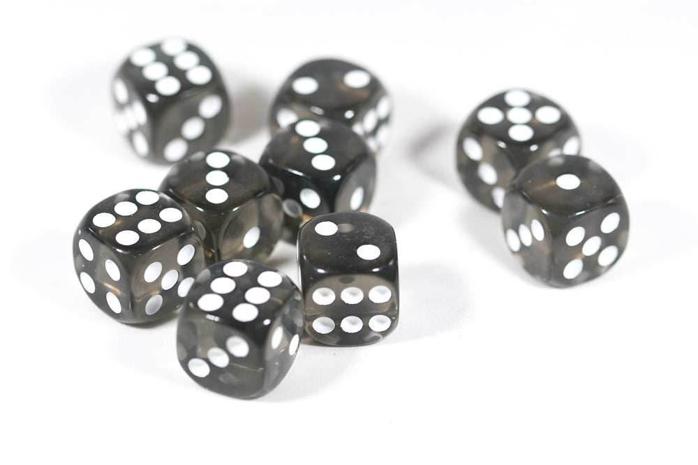Translucent 16mm Pipped d6 Dice Red/Orange/Yellow/Green/Blue/Purple/Clear/Black/Pink (sold by the piece) - black