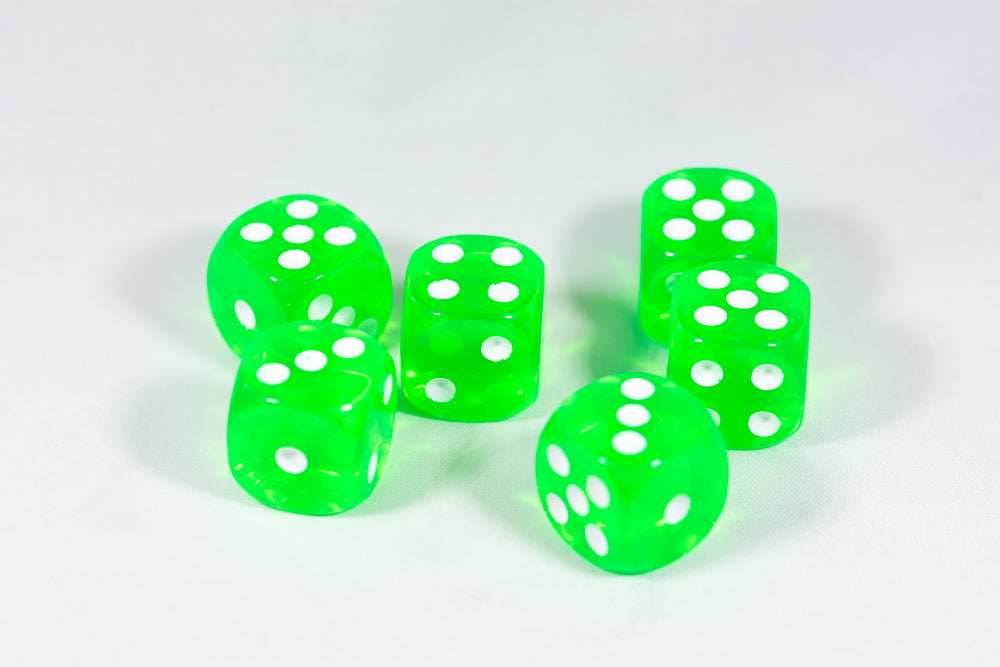 Translucent 16mm Pipped d6 Dice Red/Orange/Yellow/Green/Blue/Purple/Clear/Black/Pink (sold by the piece) - green