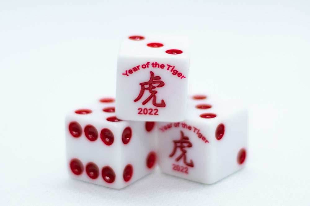 Year of the Tiger Opaque White w/Red 16mm d6 Dice on the '1' side (sold per die) - 