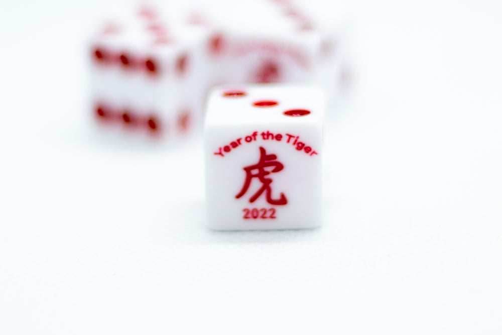 Year of the Tiger Opaque White w/Red 16mm d6 Dice on the '1' side (sold per die) - 