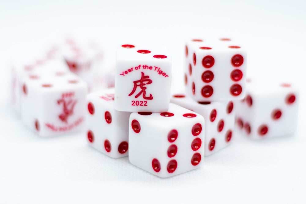 Year of the Tiger Opaque White w/Red 16mm d6 Dice on the '1' side (sold per die) - 