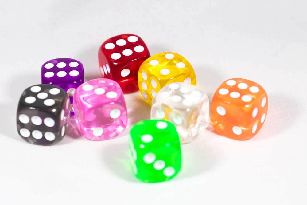 Translucent 16mm Pipped d6 Dice Red/Orange/Yellow/Green/Blue/Purple/Clear/Black/Pink (sold by the piece) - red