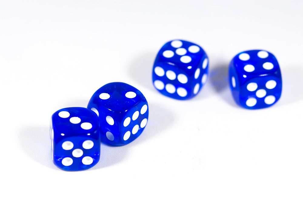 Translucent 16mm Pipped d6 Dice Red/Orange/Yellow/Green/Blue/Purple/Clear/Black/Pink (sold by the piece) - blue