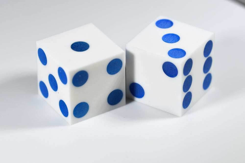 White Casino Dice w/ Blue Pips Rare 19mm Razor Edge - 