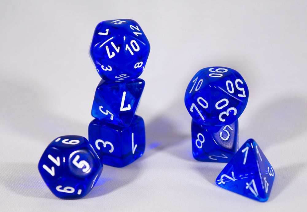 Translucent 7-Die Chessex Sets Made in Germany -Red, Blue, Green, Teal, Purple- - Blue