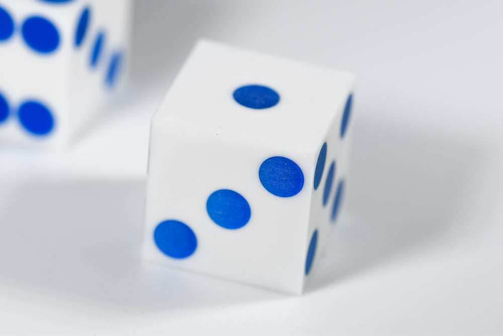 White Casino Dice w/ Blue Pips Rare 19mm Razor Edge - 