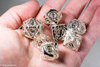 Silver Metal Hollow Gear Dice with Black Numbers 7-Dice Set - 