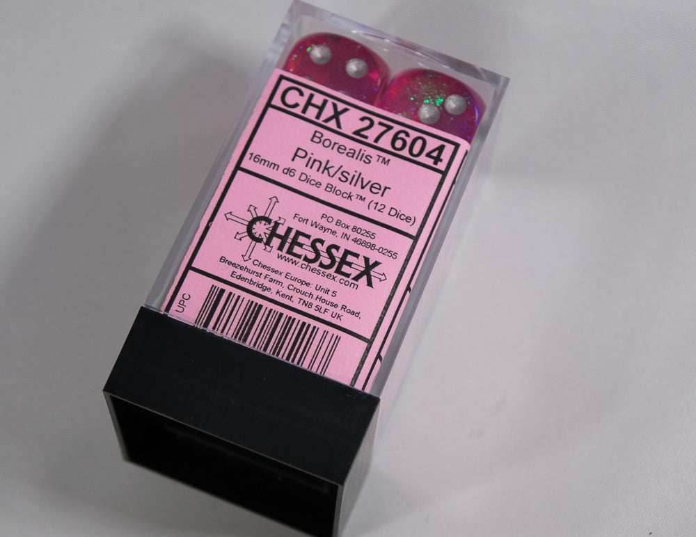 Old Glitter Borealis Pink/Silver d6 Block Dice RARE OOP Chessex 27604 16mm - 