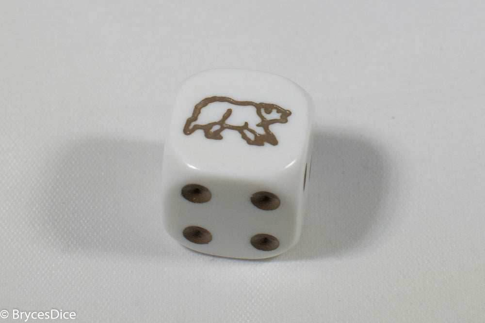 White Dice with Brown Bear; 6 Sided Bunco RPG Game D6 16mm Roll Rounded Corner - 