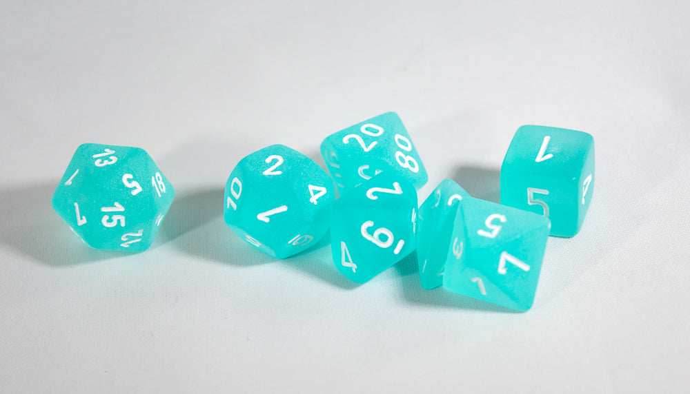 Chessex Polyhedral 7 Die Frosted Teal w/ White Numbers Set Of 7 Dice CHX 27405 - 