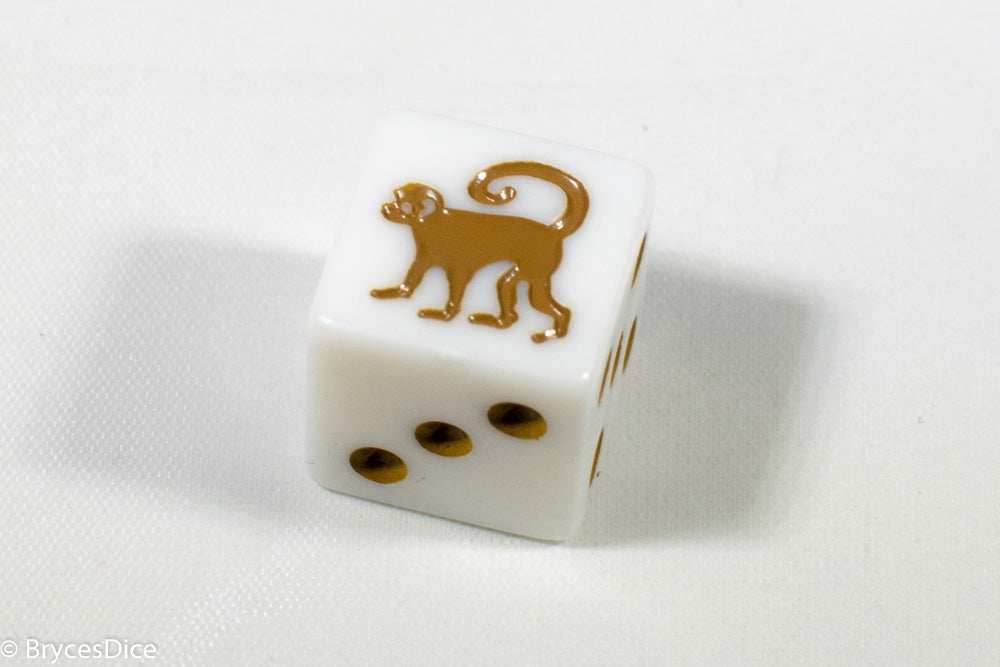 White Dice with Monkey; 6 Sided Bunco RPG Game D6 16mm Roll Square Corner - 