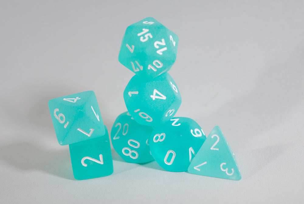 Chessex Polyhedral 7 Die Frosted Teal w/ White Numbers Set Of 7 Dice CHX 27405 - 