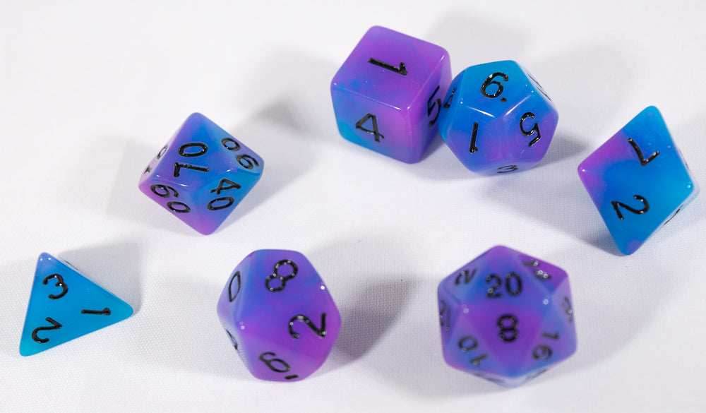 Blue and Purple Glow-in-the-Dark 7-Die Set w/Black Numbers by HDdice - 