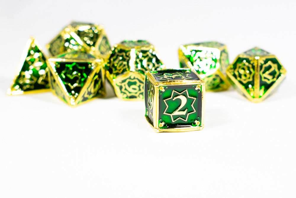 Celtic Shards 7-Dice Metal Set Gold w/ Green Fill {North Star Dice Collection} - 