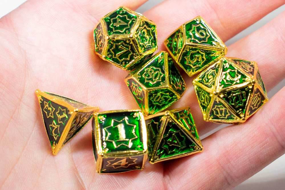 Celtic Shards 7-Dice Metal Set Gold w/ Green Fill {North Star Dice Collection} - 