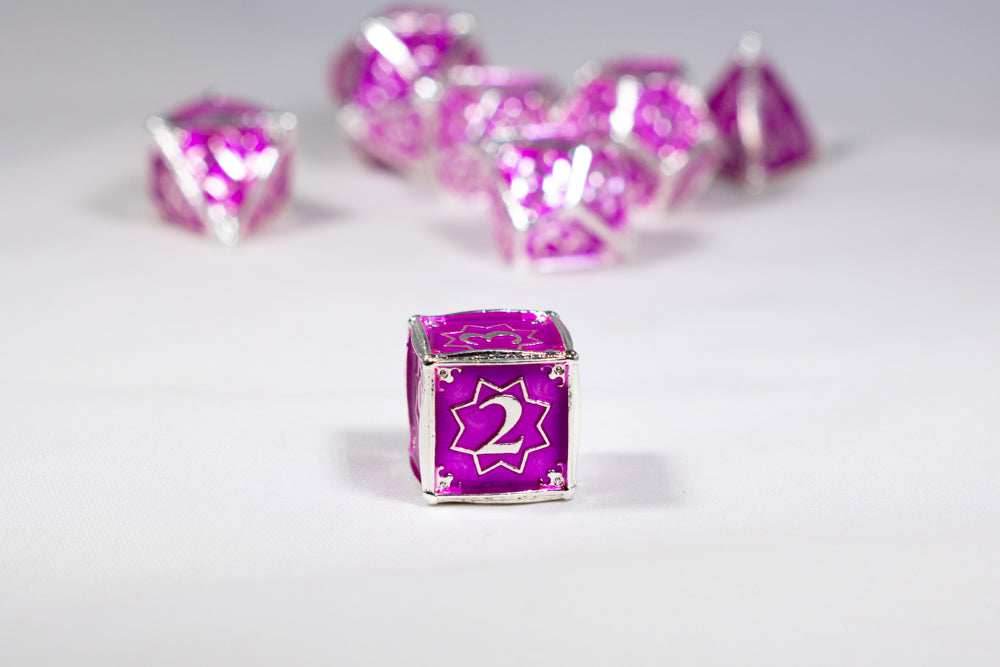 Pretty Paladin 7-Dice Metal Set Silver w/ Pink Fuschia Fill {North Star Dice Collection} - 