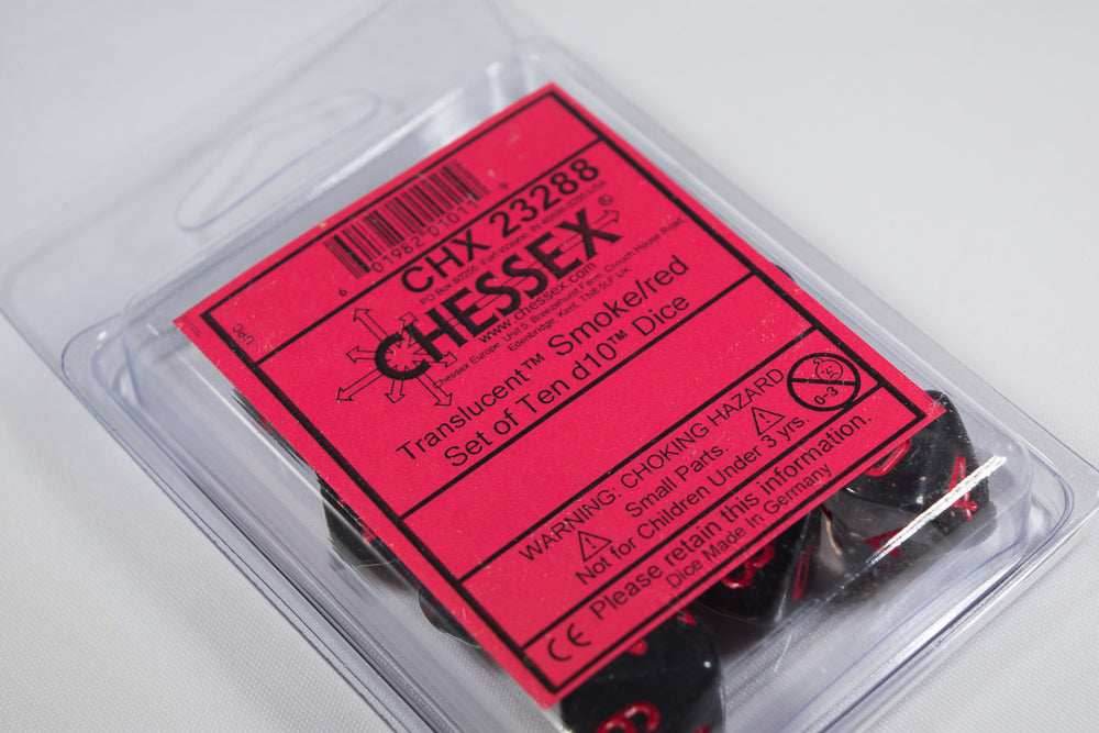 Translucent Smoke/red Set of Ten d10 Dice by Chessex CHX 23288 - 