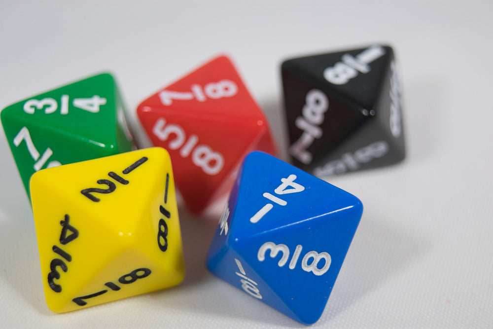 Math D8 Fractions Dice Kids Math Koplow Game 1, 3/4, 7/8, 5/8, 1/4, 3/8, 1/8, 1/2 - Black
