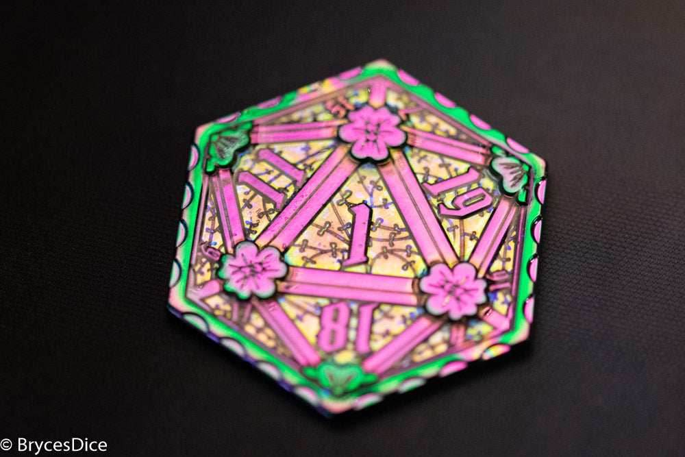 Rainbow d2 Coin Shaped like d20 w/ Purple Tint (V1) - 
