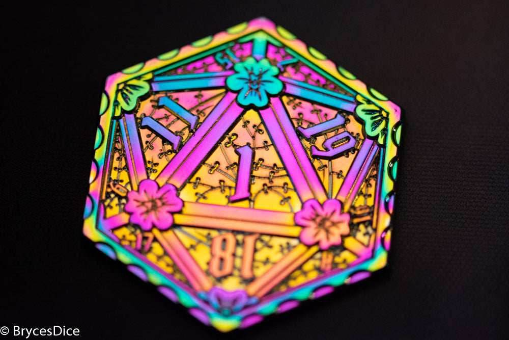 Rainbow d2 Coin Shaped like d20 w/ Purple/Yellow Tint (V2) - 