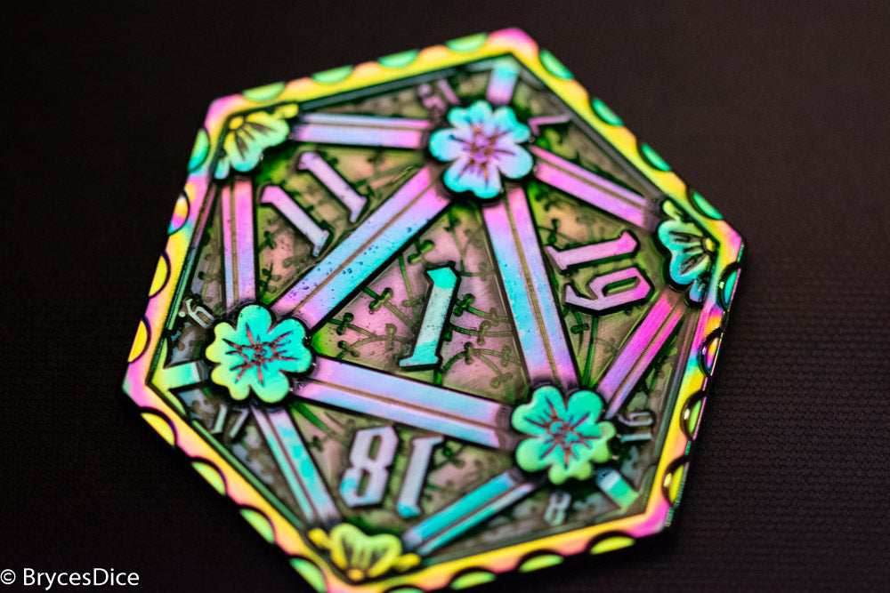 Rainbow d2 Coin Shaped like d20 w/ Purple/Green Tint (V3) - 