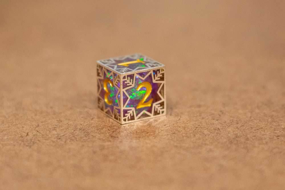 Single d20/d6 Forged in Frost (Resin Dice Encased in Metal) Permafrost/Purple/Opal/Dragon - Pinnacle of Purple / d6