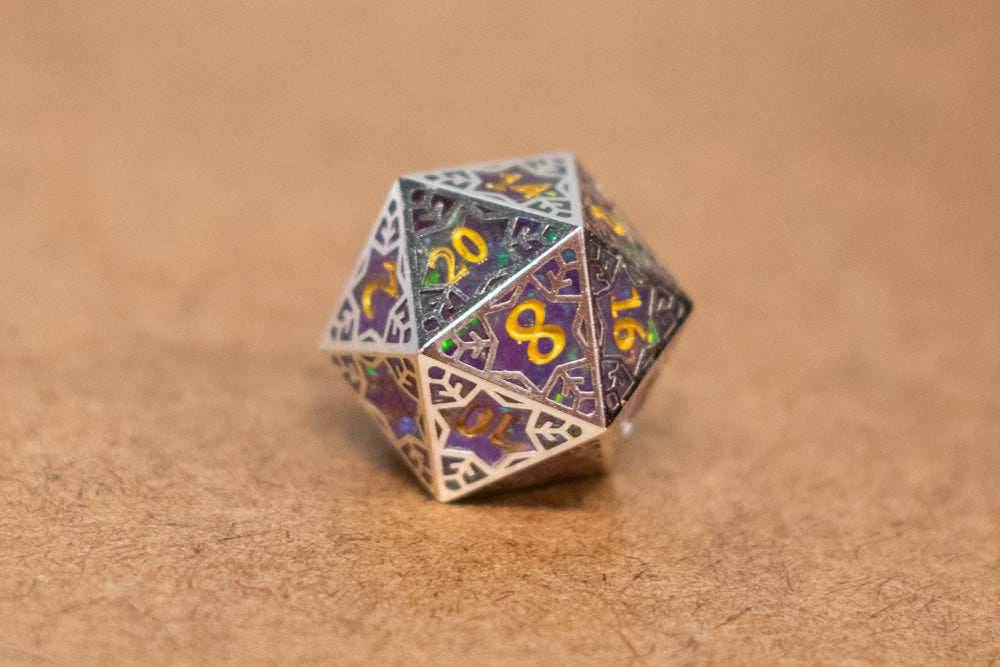 Single d20/d6 Forged in Frost (Resin Dice Encased in Metal) Permafrost/Purple/Opal/Dragon - Pinnacle of Purple / d20