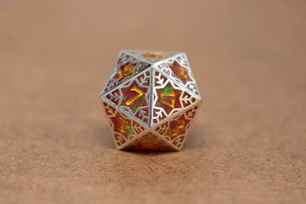 Single d20/d6 Forged in Frost (Resin Dice Encased in Metal) Permafrost/Purple/Opal/Dragon - Dragon Fruit / d20
