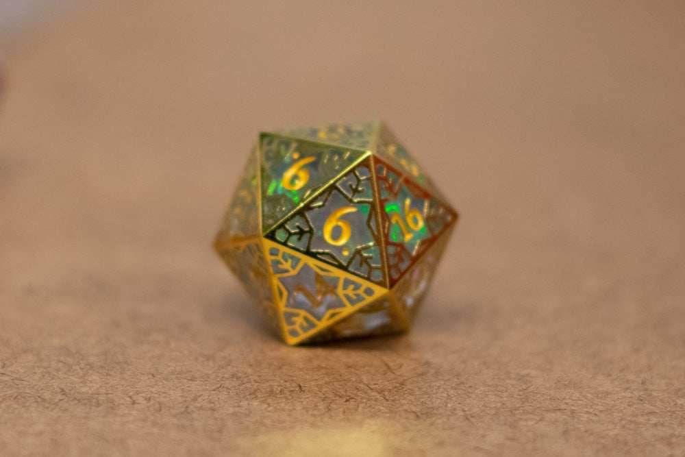Single d20/d6 Forged in Frost (Resin Dice Encased in Metal) Permafrost/Purple/Opal/Dragon - Opal / d20