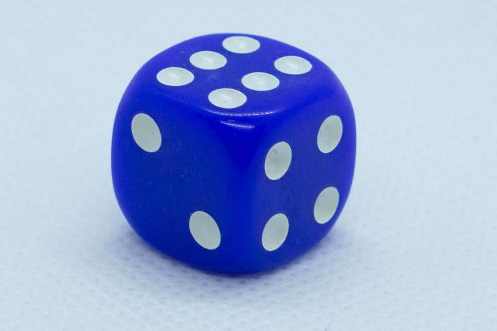 Opaque 16mm Pipped d6 Dice Red/Orange/Yellow/Green/Blue/Purple/White/Black/Pink (sold by the piece) - Blue