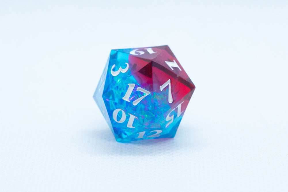 Blue on Red Sharp Edge Resin d6 / d20-Dice (Blue- Red w/ White Numbers) - d6