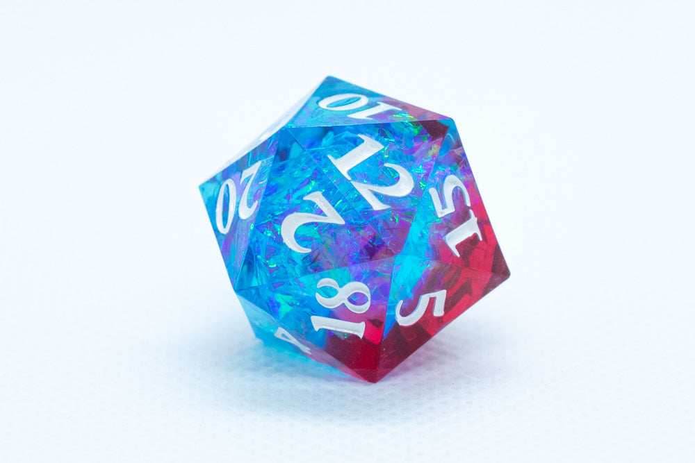 Blue on Red Sharp Edge Resin d6 / d20-Dice (Blue- Red w/ White Numbers) - d20