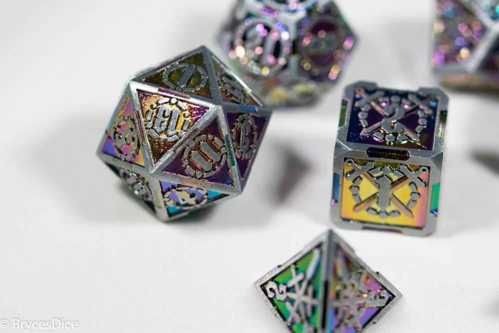 Silver w/Rainbow Inlay Sword Strengthened Metal 7-Dice Set - 