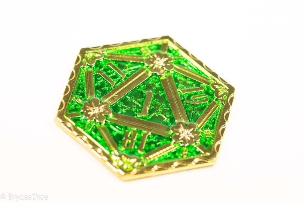 Gold d2 Coin Shaped like d20 Solid w/Green Enamel Color - 