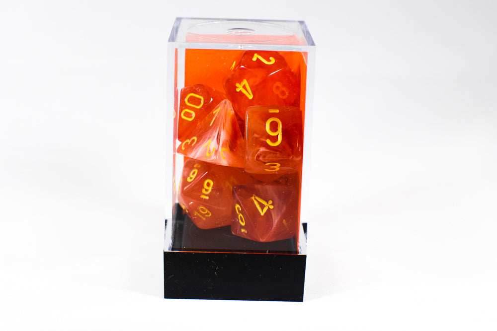Chessex Polyhedral 7 Die Ghostly Glow Red w/ Yellow Numbers Set Of 7 Dice CHX 27523 - 