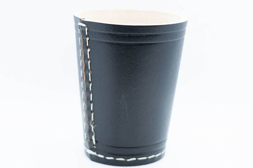 Handmade Leather Dice Cup (Black) No Lining white thread Simple - 