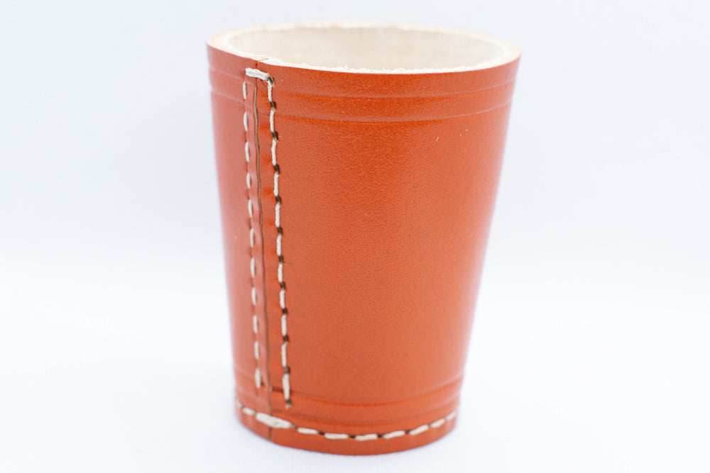 Handmade Leather Dice Cup (Orange) No Lining white thread Simple - 