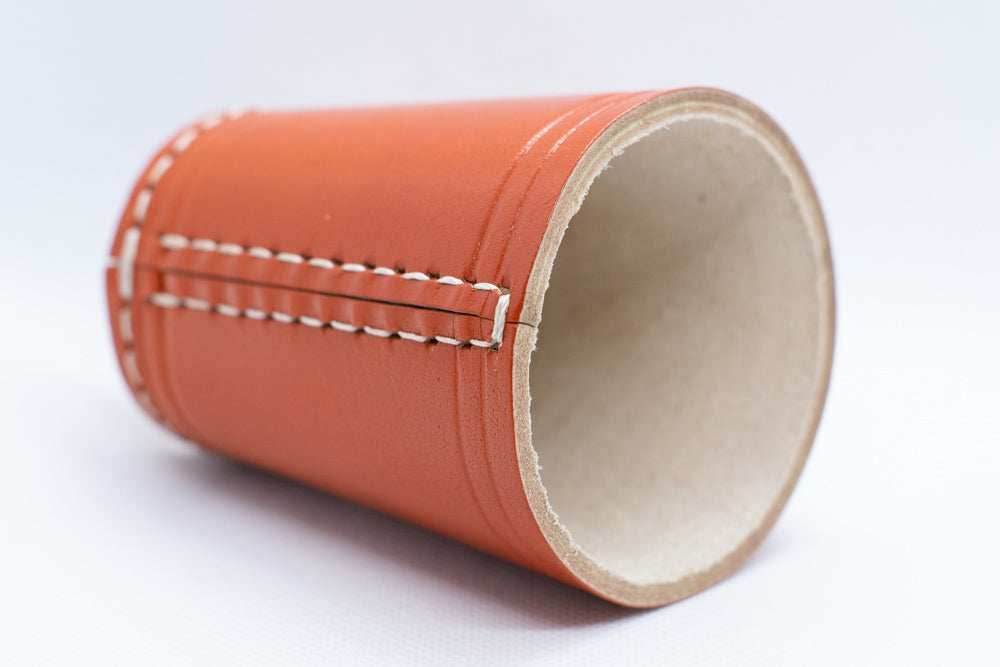 Handmade Leather Dice Cup (Orange) No Lining white thread Simple - 
