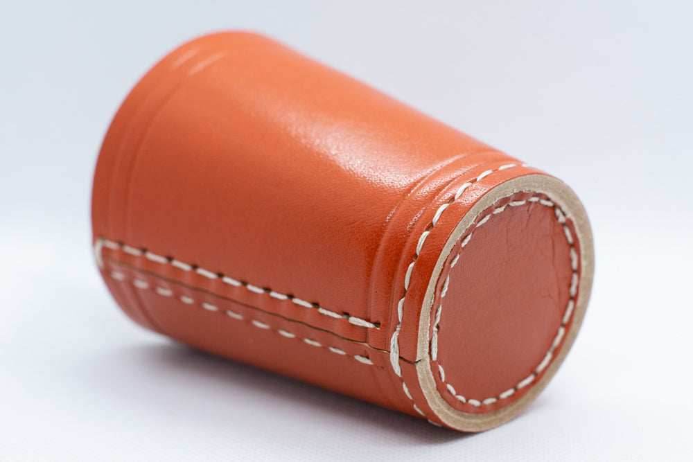 Handmade Leather Dice Cup (Orange) No Lining white thread Simple - 