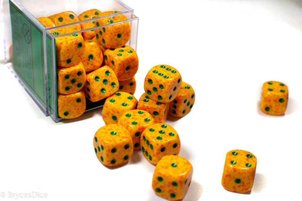 Lotus Speckled 12mm D6 Pipped (Orange/Yellow/Green) Sold by Piece - 