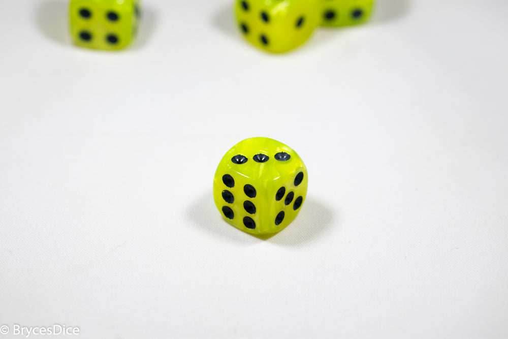 Pearl/Swirl Pipped d6 Dice Orange/Pink/Maroon/Electric Yellow/Brown/Blue/Green/Cranberry 16mm (SOLD BY PIECE) - Yellow