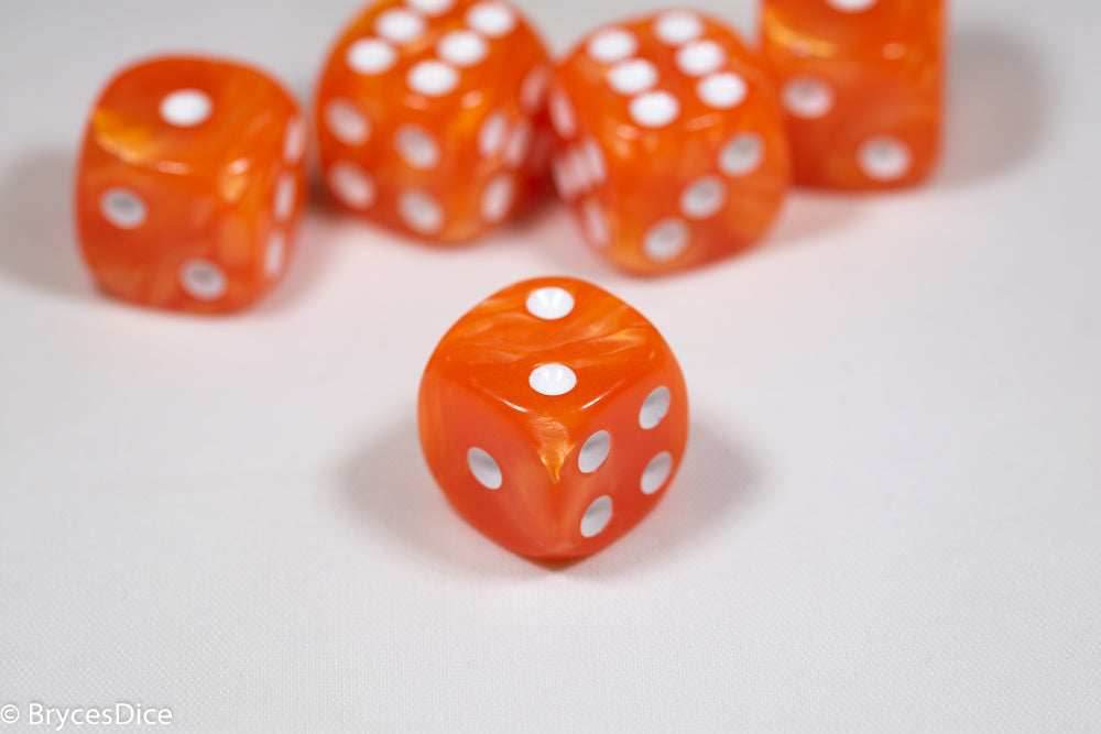 Pearl/Swirl Pipped d6 Dice Orange/Pink/Maroon/Electric Yellow/Brown/Blue/Green/Cranberry 16mm (SOLD BY PIECE) - Orange
