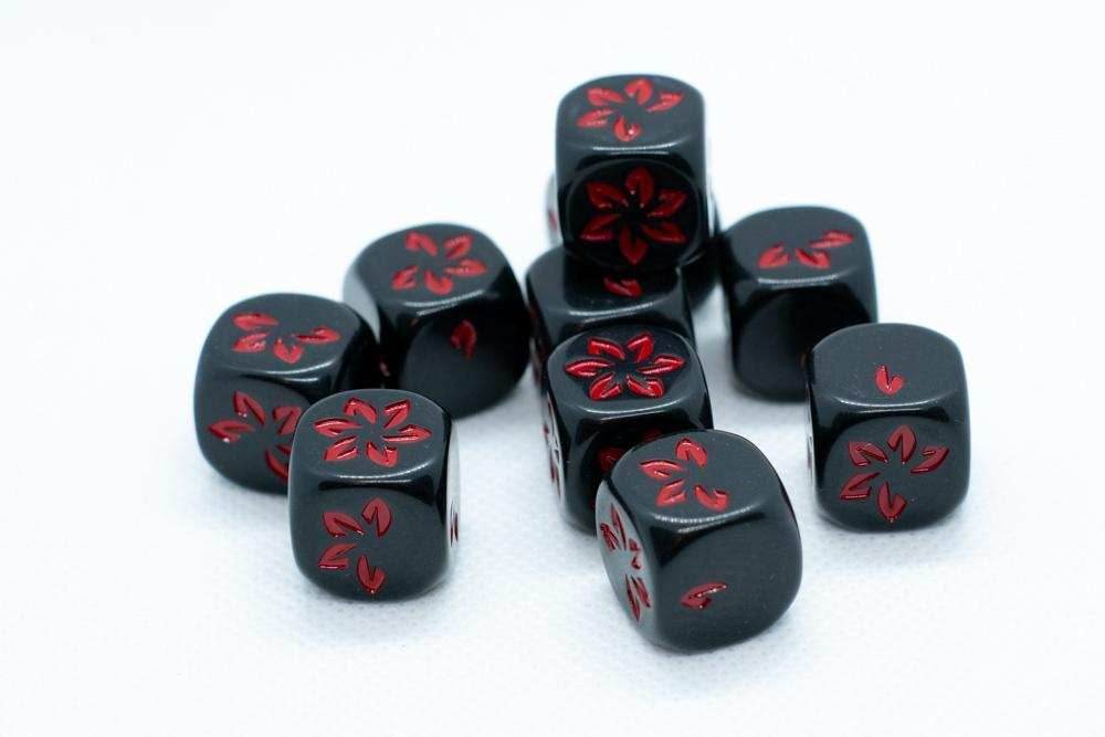10-Pack Black w/Red Falling Petals Dice 16mm D6 Flower Dice - 