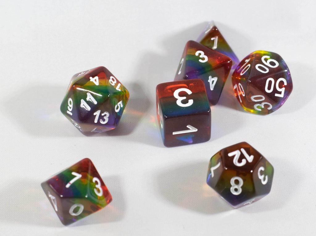 Translucent Rainbow Aurora Poly Dice Set Red Yellow Green Blue (7) New RPG DnD - 