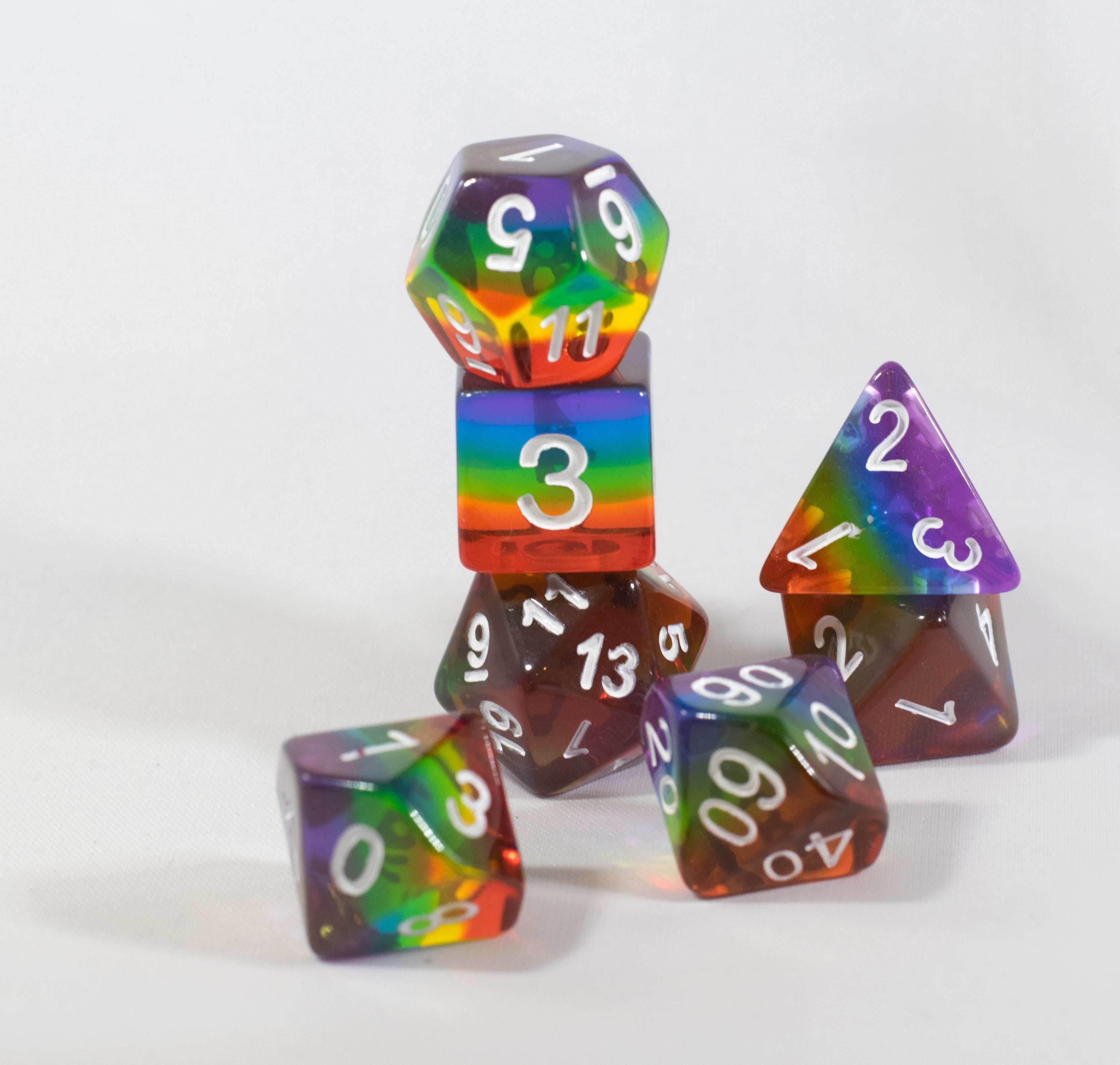Translucent Rainbow Aurora Poly Dice Set Red Yellow Green Blue (7) New RPG DnD - 