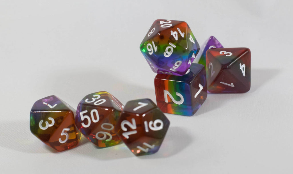 Translucent Rainbow Aurora Poly Dice Set Red Yellow Green Blue (7) New RPG DnD - 