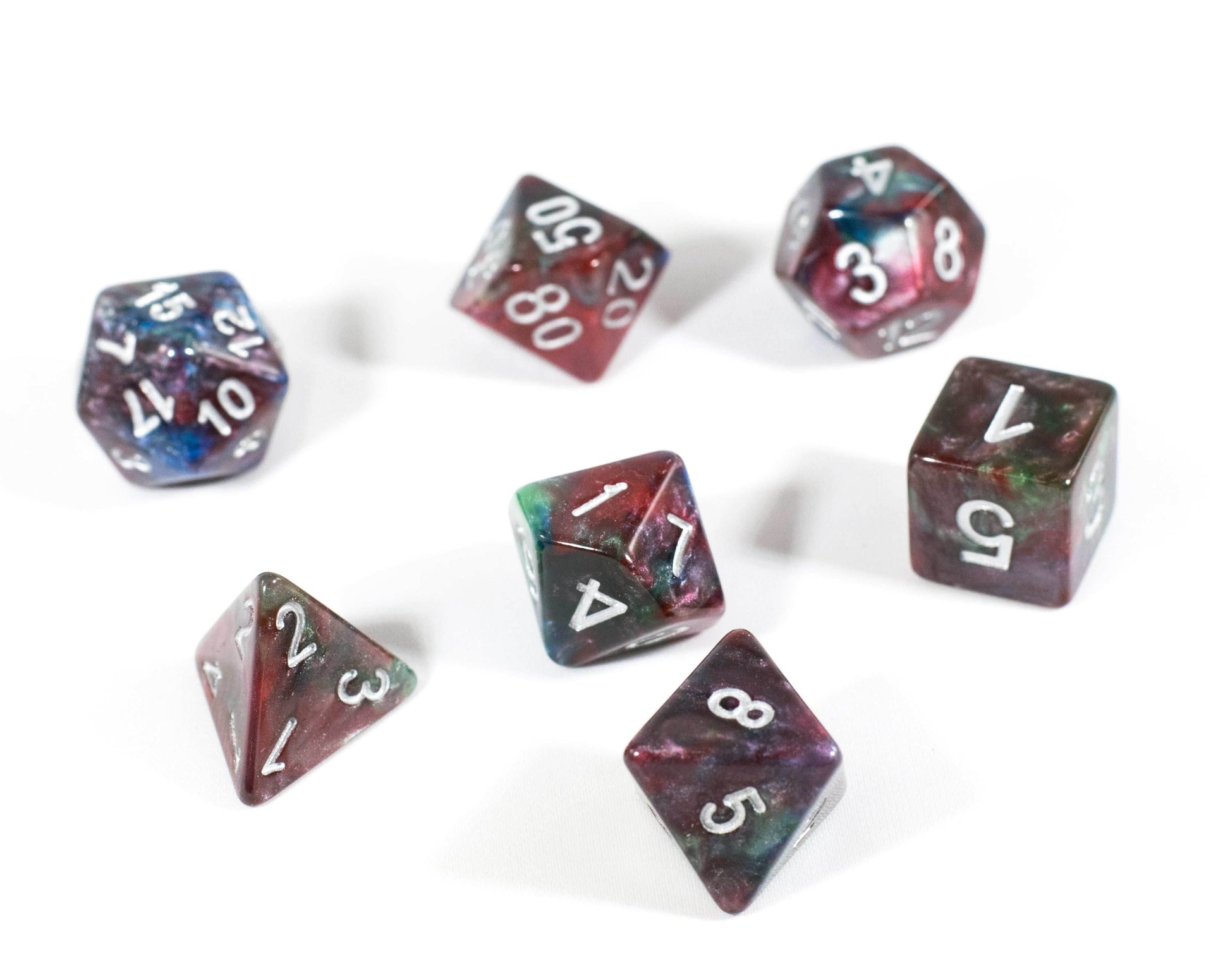 Red/Green/Blue Marbleized Poly Dice Set (7) Green Acrylic Silver Numbers HDdice - 