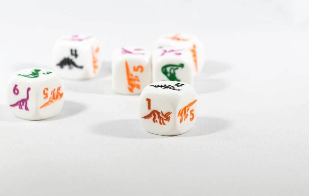 White Dice with Dinosaurs 6 Sided Bunco RPG D6 16mm Roll Kids School - 