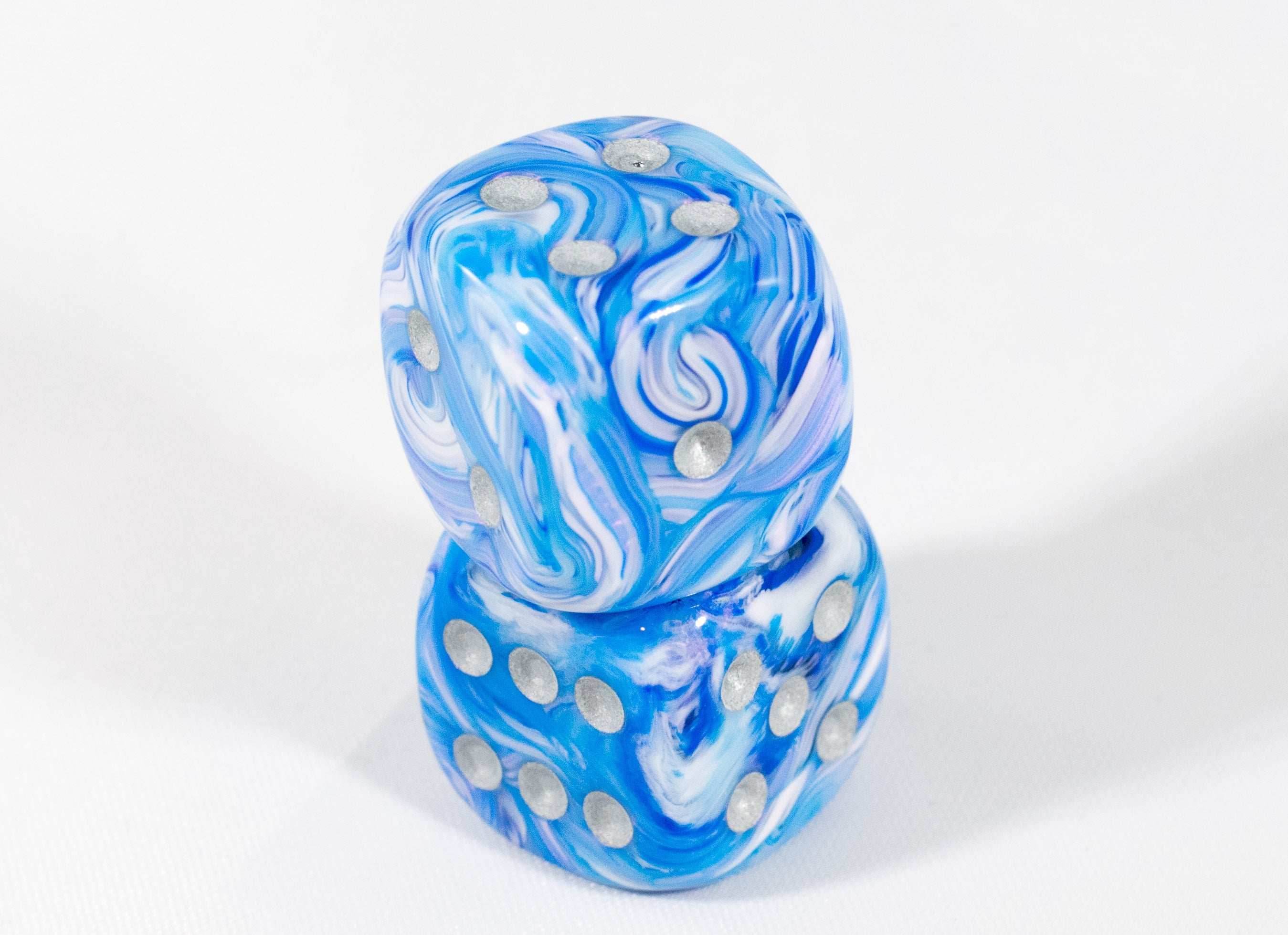 OOP Rare 20mm Blue Mother Of Pearl New RPG DnD with Silver Pips 2 Pack (2) Die - 