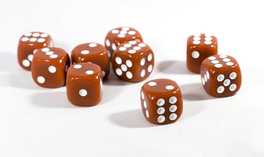 Brown Opaque Dice Set 16mm 6-Sided RPG Magic D&D Unique with White Pips Rolls - 5